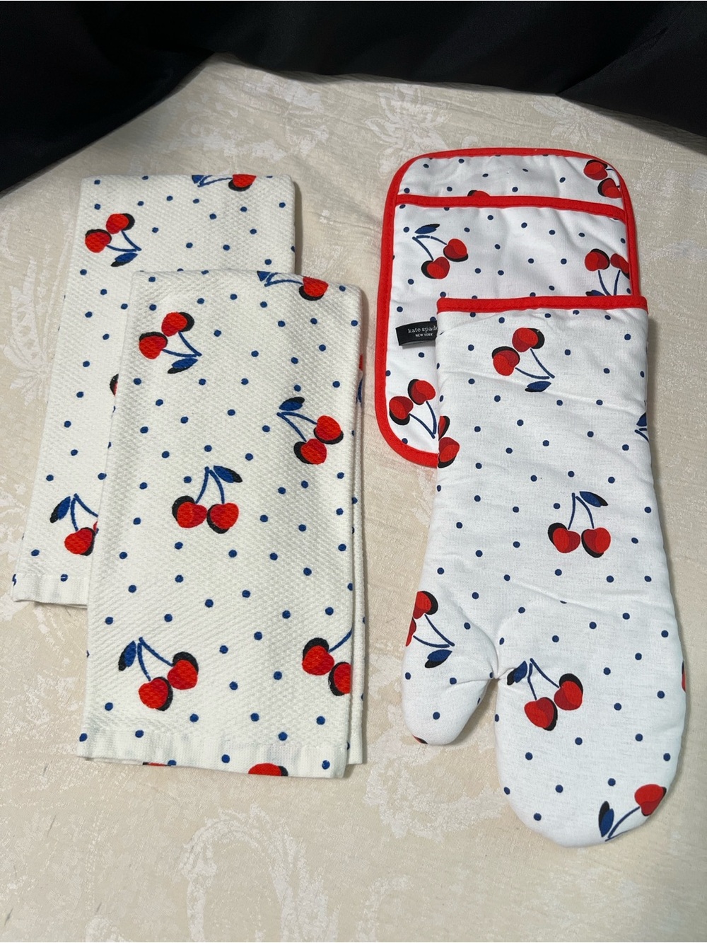 kate spade Cherry Print Oven Mitt & Towel Set - Red, Navy, White